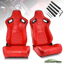 Pair Red PVC Leather Rear Carbon Fiber Sport Racing Bucket Seats Left/Right