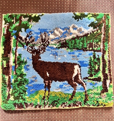 Vintage Riegel Haken Bock Hirsch Teppich Wandbehang groß 34,5 "x 29,5" fertig & gebunden