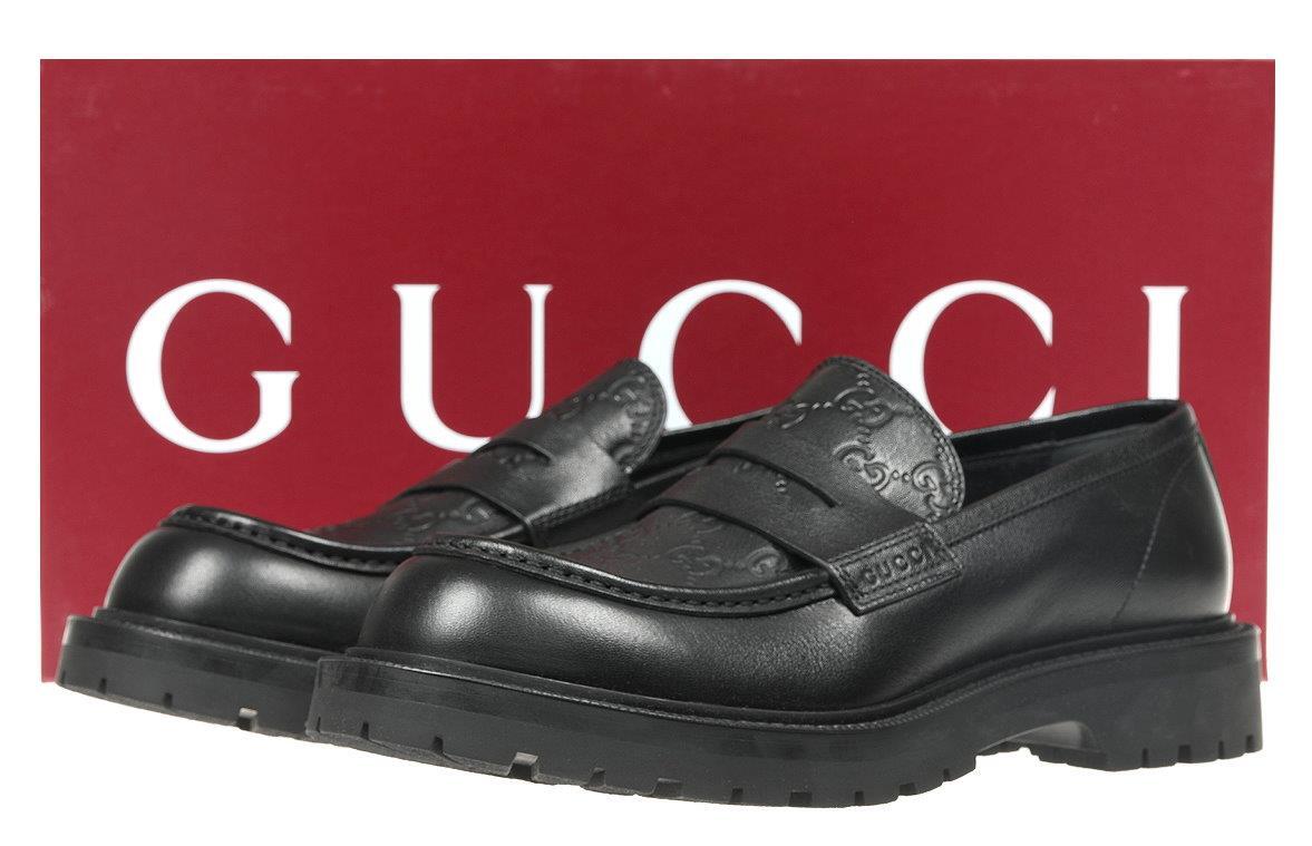 NEW GUCCI LUXURY BLACK LEATHER GG WEB LOAFERS SHOES 8/US 8.5  display picture 3