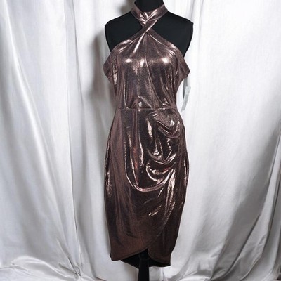 NEW Venus Bodycon Dress Woman Medium Shimmering Metallic Rose Gold Halter Neck