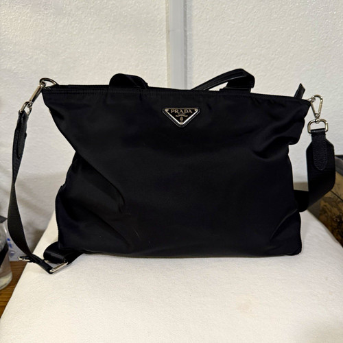 PRADA Milano Black Logo Shoulder Bag Zip Top Silver Hardware Adjustable Strap