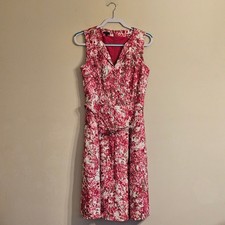 Talbots Dress Women 6 Pink Floral Linen Sleeveless Fit & Flare Belted Lined