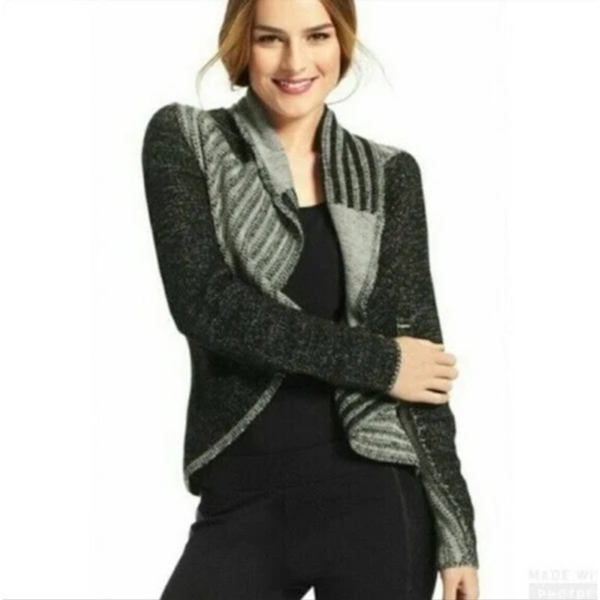 CAbi Wool Blend Patchwork Circle Open Cardigan Sw… - image 1