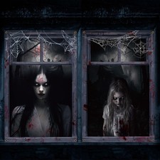 2 Pcs Scary Halloween Curtain Window Silhouette Cover Female Ghost 31"x47" Creep