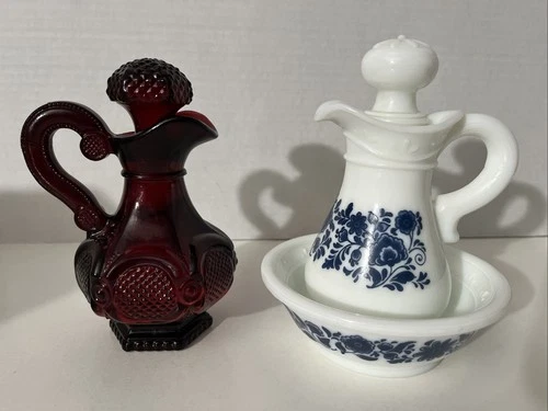Vintage Avon Cape Cod Ruby Red Cruet with Stopper Footed & White Milk Glass &Cup