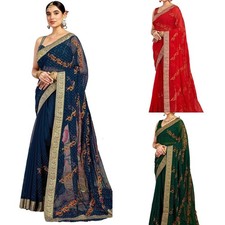 Women's Georgette Embroidery  Stone Work Saree with Unstitched Blouse Piece