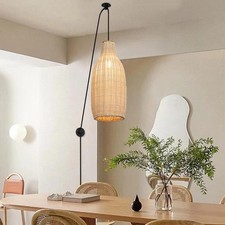 Plug In Bamboo Pendant Light Rattan Wicker Hanging Ceiling Lamp Cylinder Shade