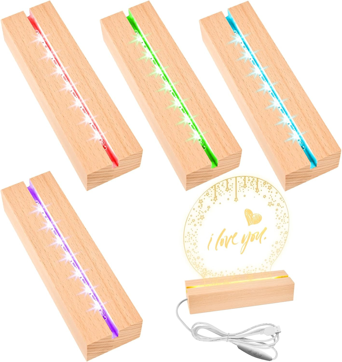 4 Pezzi Attacco LED, 15 Cm, Base in Legno, 7 Colori, Base Luminosa, Base Luminos