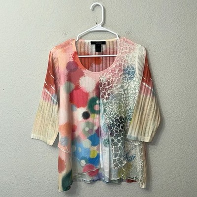 Ali Miles Colorful Abstract 3/4 Sleeve Tunic Top Size PM Petite Medium Shirt