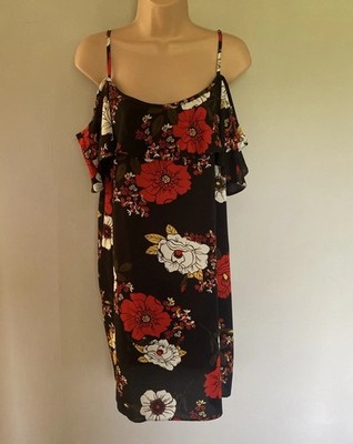  Matalan  Strappy Off-Shoulder Frilled Slip Dress (UK14) Black/Multi-Floral