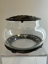 Vintage Rose Floral Potpourri Jar Metal Lid and Base Glass Bowl Holder 3 Piece