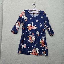Old Navy Women Dress L Blue Floral Print Mini A Line 3/4 Sleeve Keyhole Casual
