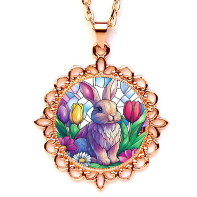 Easter Bunny With Flowers Bezel Pendant/Necklace Silver Gold Rose Gold Tone USA