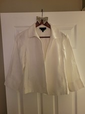 Talbots White Women's Blazer Jacket M Petites 100 Linen Notch Lapel 3/4 Sleeve