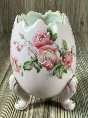 Pink Rose on Pink Vase Footed Cracked Egg Gold Trim, Japan Porcelain 5in tall