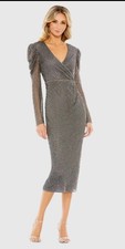 Mac Duggal Beaded Wrap Puff Sleeve Charcoal Gray Midi Size 16 FLAW in pic NWT