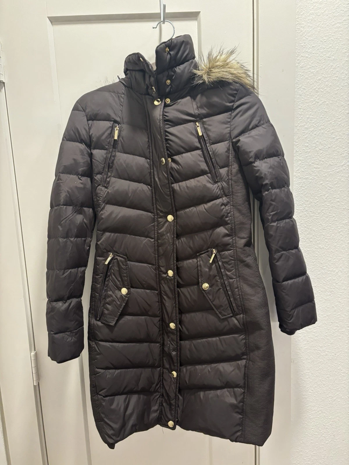 Cappotto giacca imbottito trapuntato Michael Kors $350 donna pelliccia sintetica bordo marrone PICCOLO