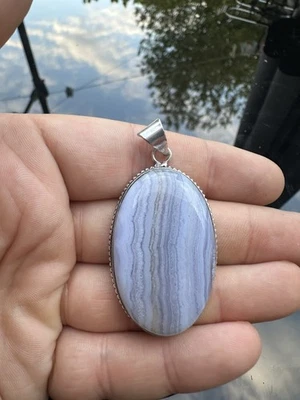 Large Blue Lace Agate Pendant Top Quality Natural Crystal 925 silver plated B10 - Image 1 of 4