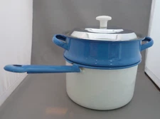 VTG Blue and White Enamelware 3 Piece Double Boiler Sauce Pan, Blue Floral Knob