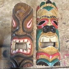 2pc Tiki Style Painted Wood Wall Masks, Multicolor, Made in Indonesia
