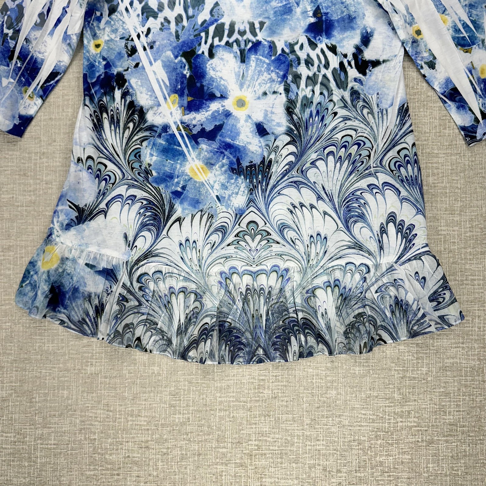 Style & Co Shirt Womens Petite Large Blue Floral High Low 3/4 Sleeve Embellished