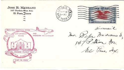 US Airmail Cover National Air Mail Week, San Antonio Texas to El Paso Texas