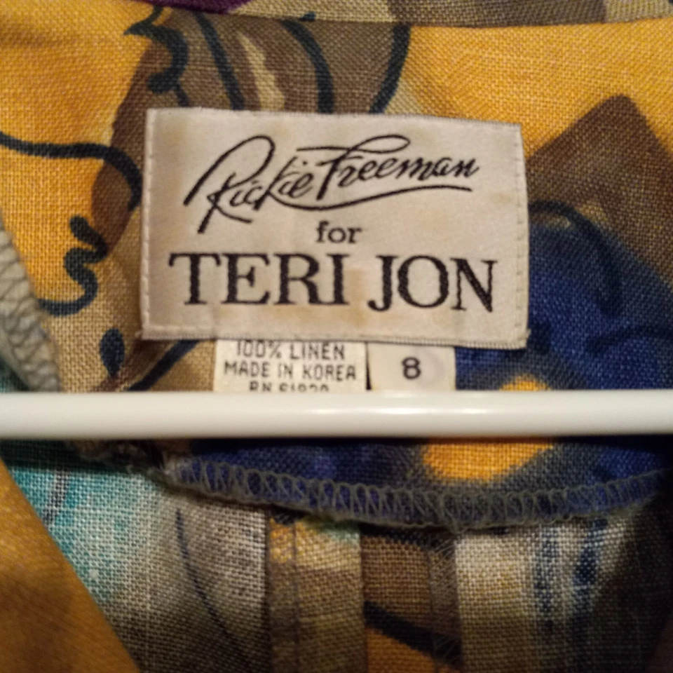 Rickie Freeman Teri Jon 8 M Azul Floral Top Falda Conjunto Lino Top Falda Seda Foto 3 de 4