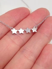 CZ Four Star Pendant Necklace Sterling Silver 925 Women Girls 19mm x4mm 17.25"