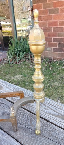 Pair Vintage Antique Brass Cast Iron Ornate Fireplace Andirons Fire Dogs, H.B.P. - Picture 11 of 12