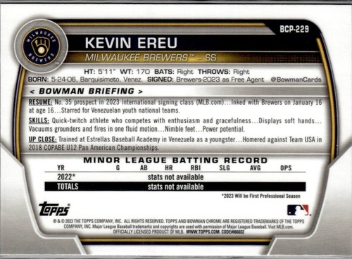 2023 Bowman Chrome Mega Box Mojo Refractor #BCP-229 Kevin Ereu Brewers 1st!!! - Picture 2 of 2