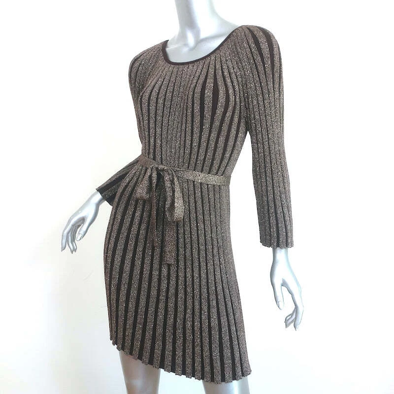 Alice + Olivia Belted Mini Dress Gold/Brown Metallic Ribbed Knit Size Medium - Image 3 of 4