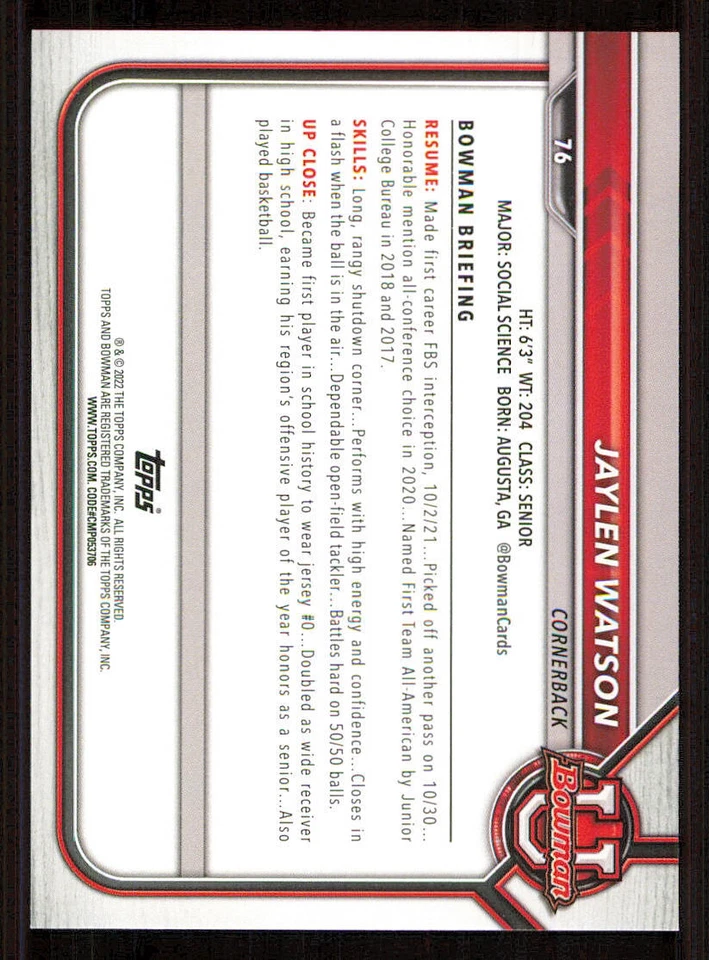 2022 Bowman University #76 Jaylen Watson - Image 2 of 2