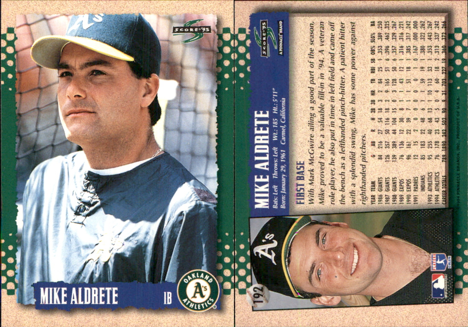 Mike Aldrete 1995 Score #192 Card Oakland Athletics FREE SHIP *AutographDen*