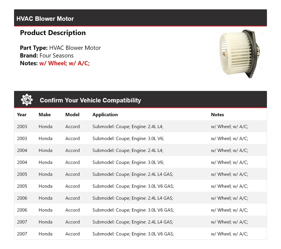 Motor soplador de climatización cupé Honda Accord 2003-2007 4 estaciones 2004 2005 2006 Foto 2 de 4