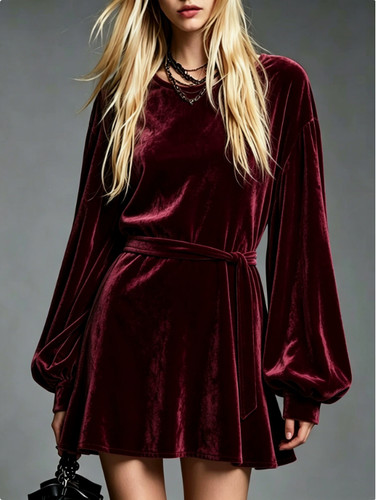 Women Velvet Long Lantern Sleeve Mini Dress Fall Winter Tie‑Waist Short Dress