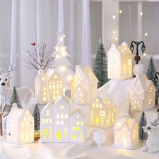 26 Pcs Ceramic Christmas Village Set 8 LED Christmas Village Houses, white