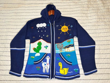 Hand-knitted Peruvian Arpillera-style Children's Navy Zip-Up Hoodie Cardigan -14