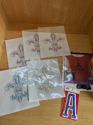 Lot Of 7 Iron-on Rhinestones And Flock Iron-on Eiffel Tower Fleur De Lis