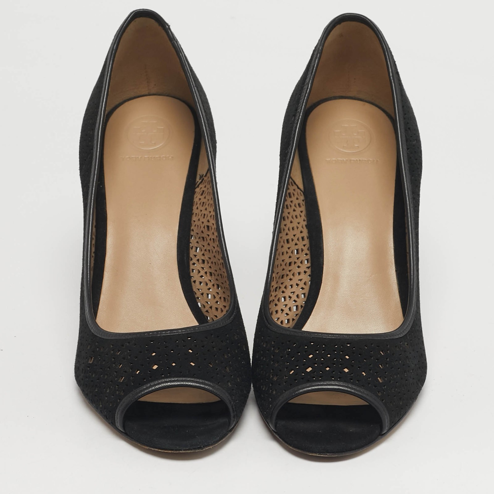Tory Burch Elinor 90 mm Size 40 Black Laser Cut Suede Peep Toe Pumps thumbnail 3