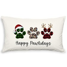 Christmas Happy Throw Pillow Covers, Xmas Plaid Pattern Dog Paw Pawlidays