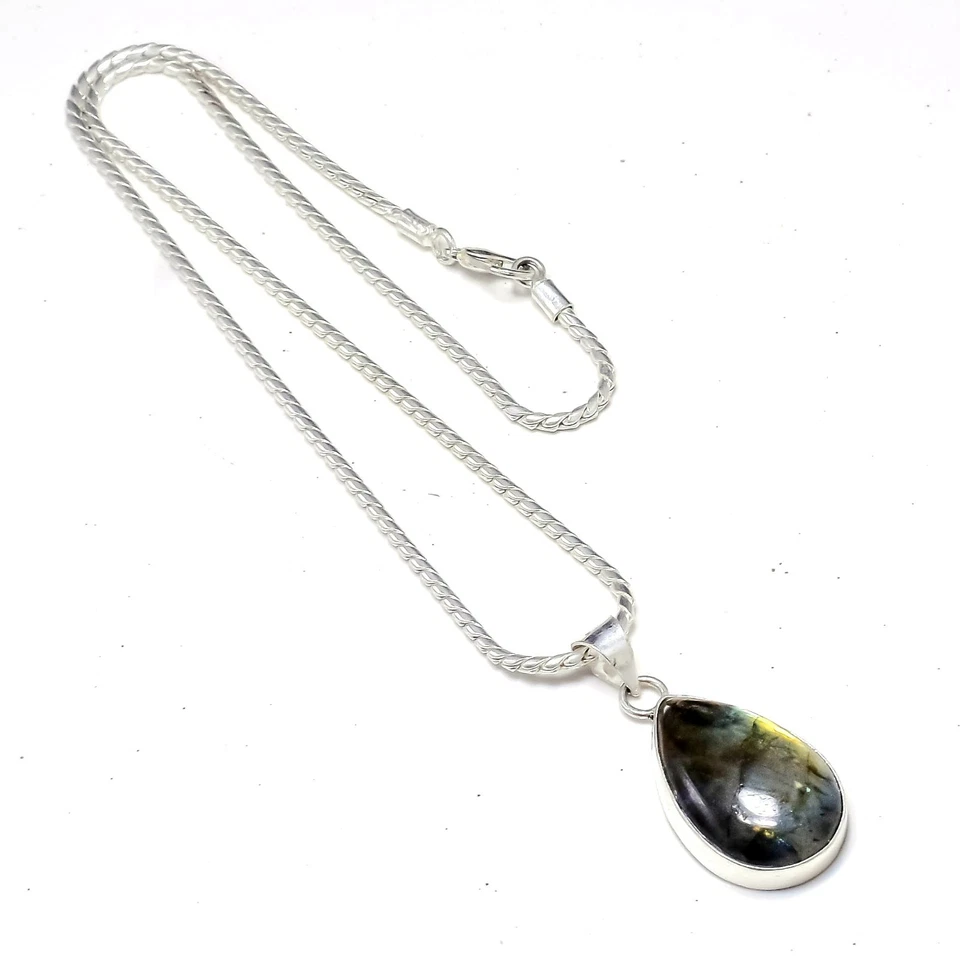 Natural Labradorite Gemstone Pendant 925 Sterling Silver Handmade Necklace 20" - Image 4 of 4