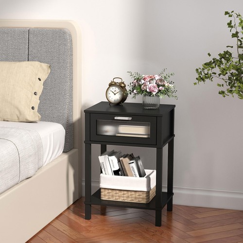 Nightstand Wooden Bedside Table with Drawer Black Night Stands Modern Style S... - Picture 4 of 6