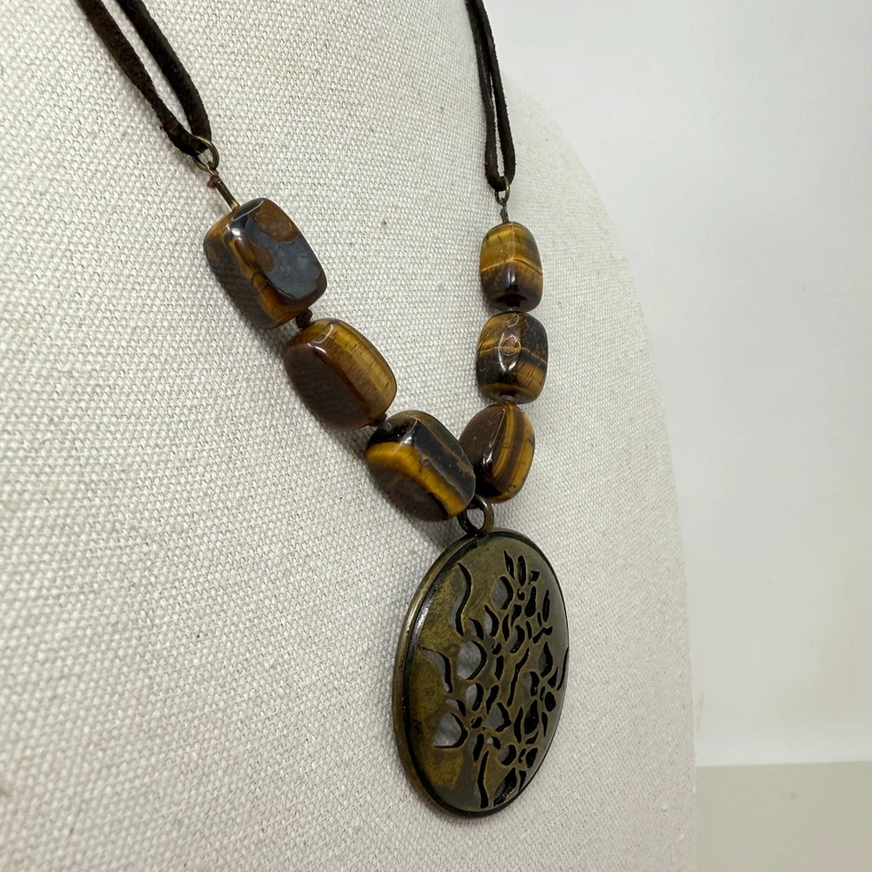 雅芳老虎眼石项链棕色绳珠镂空花朵吊坠波西米亚 — 第 2/4 张图片