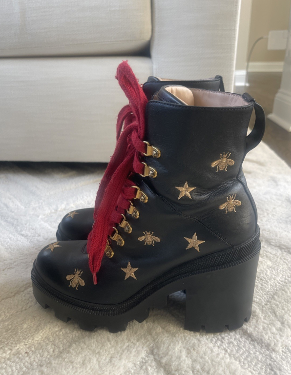 Authentic Gucci Black Leather Bee Star Platform Ankle Boots Red