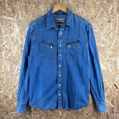 Mango Pearl Snap Denim Shirt Men's Size Medium Blue Slim Fit MNG Man Western
