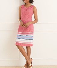 Talbots 100% Linen Shift Dress Seaside Stripe Size 16 Split Neckline Sleeveless