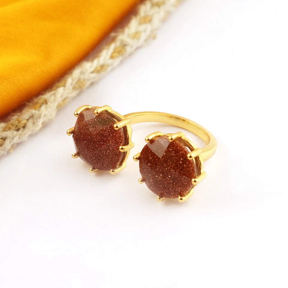 Red Sunstone Double Stone Open Ring Gold Plated Prong Set Open Adjustable Ring - Image 2 of 4