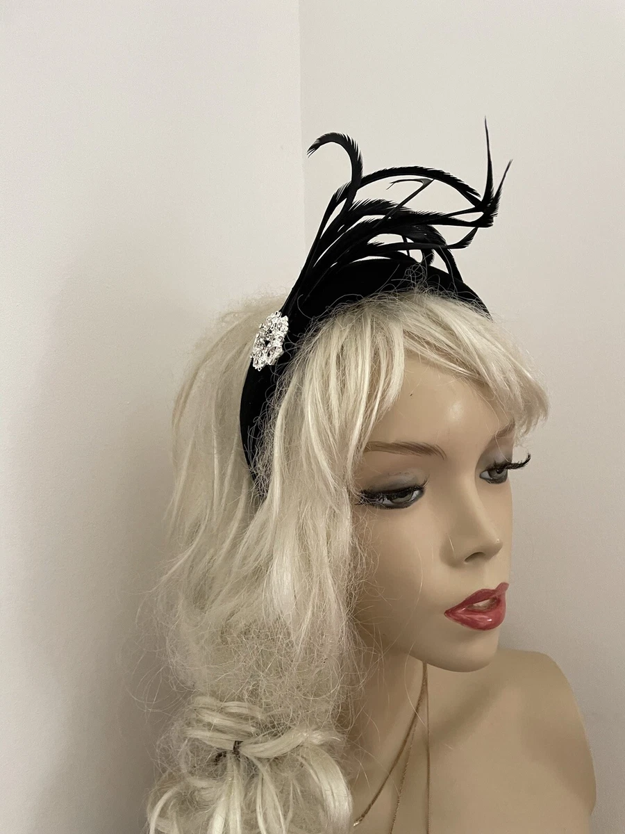 Black Halo Padded Hair Headband Wedding Ladies Feather Fascinator Silver Detail