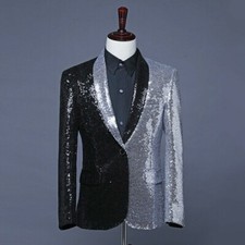 Mens Half Black Silver Sequin Shawl Lapel Suit Jacket Blazer Tuxedo Show Fashion
