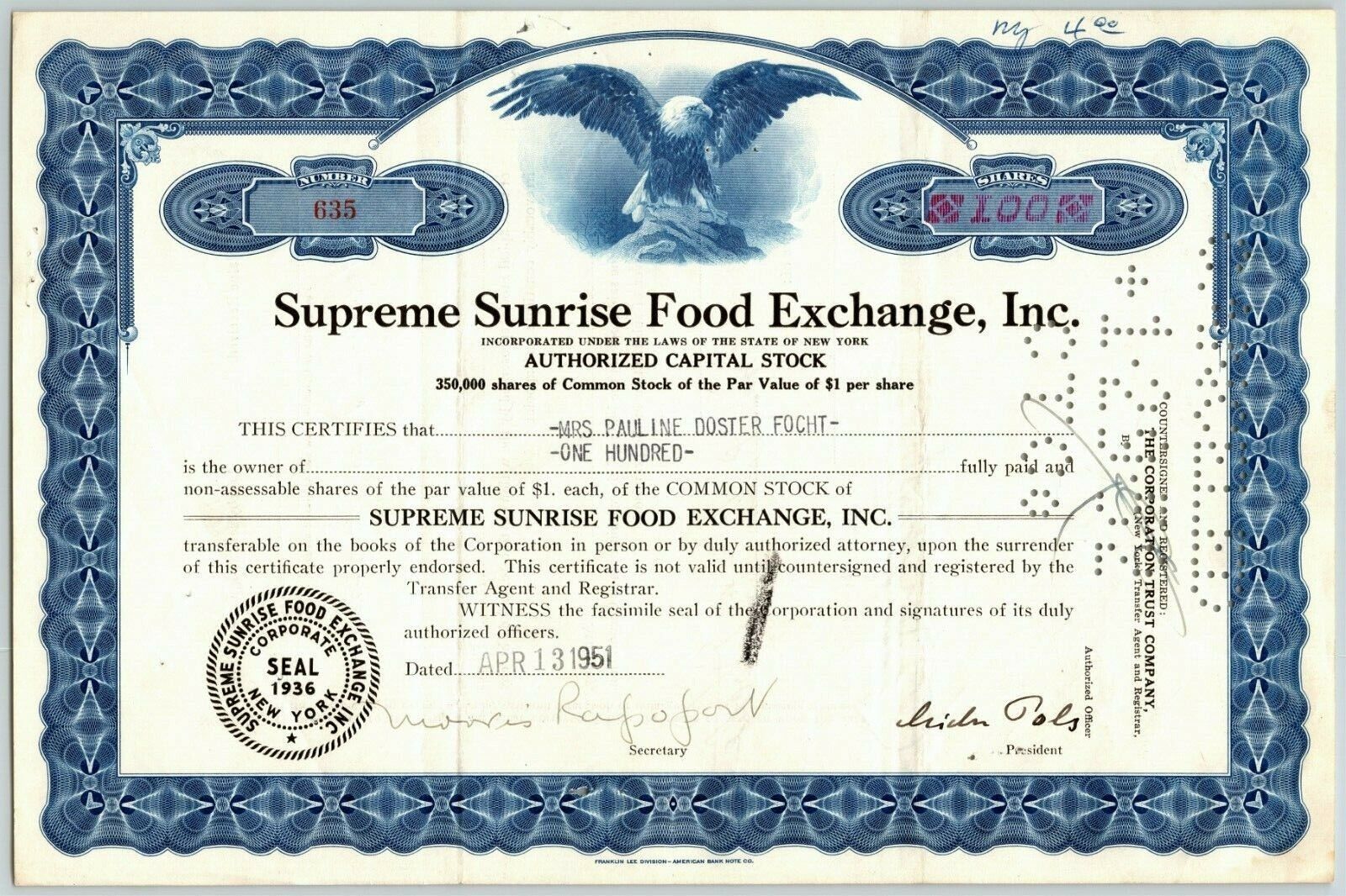 Vintage 1951 Stock Certificate "Supreme Sunrise Food Exchange" New York